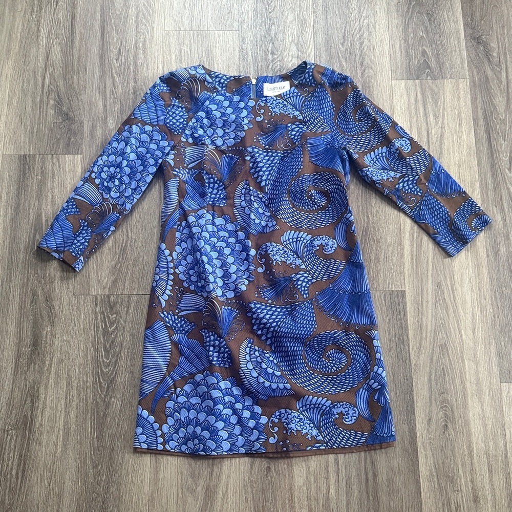 Elizabeth McKay Shift Dress  In Blue and Brown Asian Modern Bold Prints - Picture 3 of 8